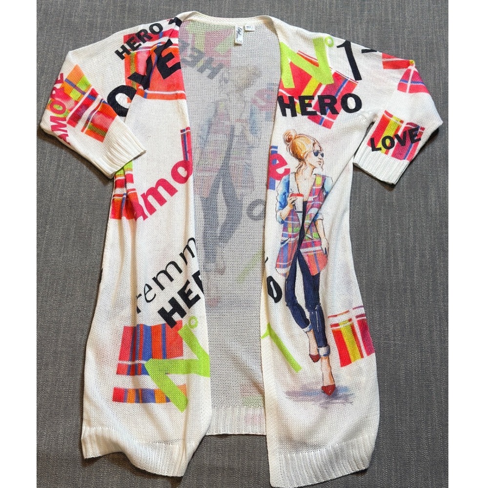 Ethyl Women White Cardigan Sweater Knit Graphic Print Size S/M‎